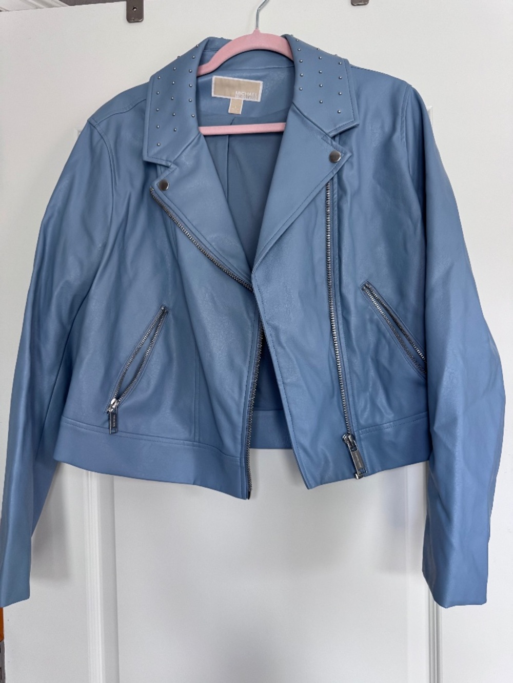 Michael Kors Blue Faux Leather Studded Moto Jacket Women’s L